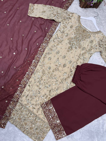 Ravishing Beige Color Embroidery Work Straight Salwar Suit