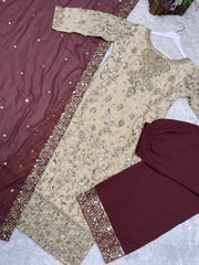 Ravishing Beige Color Embroidery Work Straight Salwar Suit