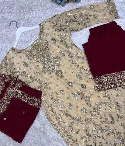 Ravishing Beige Color Embroidery Work Straight Salwar Suit
