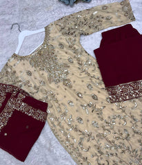 Ravishing Beige Color Embroidery Work Straight Salwar Suit