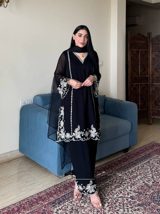 Innovative Black Color Georgette Embroidery Palazzo Suit