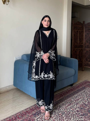 Innovative Black Color Georgette Embroidery Palazzo Suit
