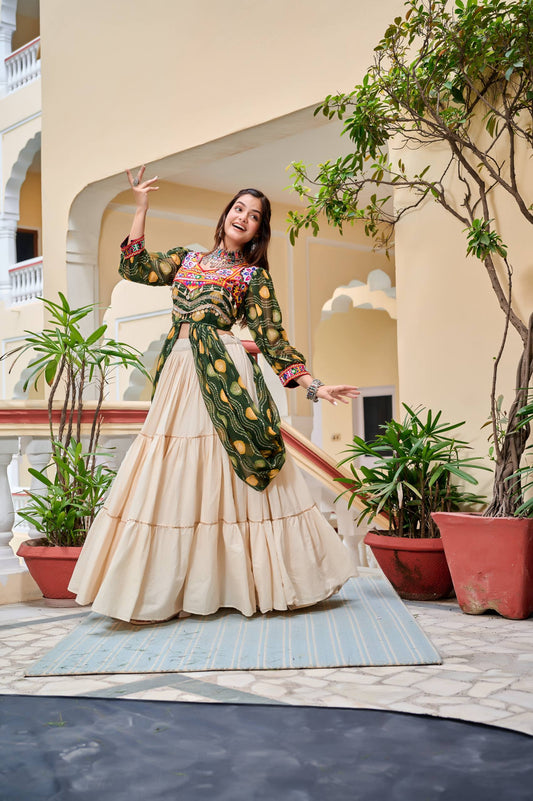 Navratri Collection Mehndi Color Gamathi Work Shrug With Lehenga