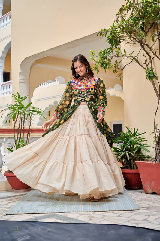 Navratri Collection Mehndi Color Gamathi Work Shrug With Lehenga