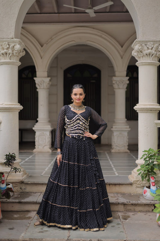 Exclusive Black Leheriya Mirror Work Lehenga Choli