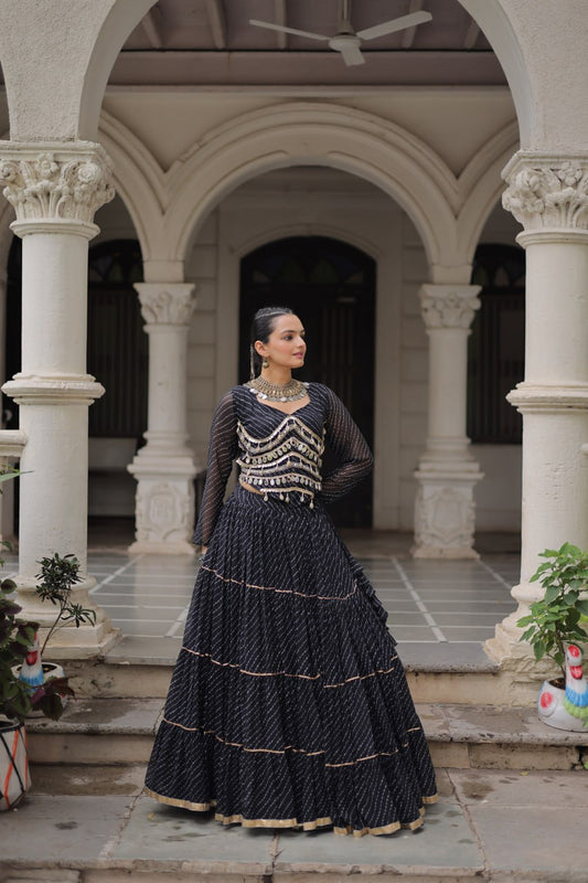 Exclusive Black Leheriya Mirror Work Lehenga Choli
