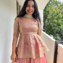 Exclusive Pink Crunchy Silk Embroidery Top With Lehenga