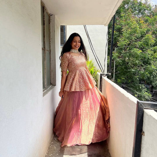 Exclusive Pink Crunchy Silk Embroidery Top With Lehenga
