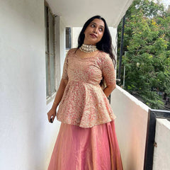Exclusive Pink Crunchy Silk Embroidery Top With Lehenga