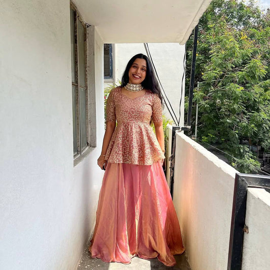 Exclusive Pink Crunchy Silk Embroidery Top With Lehenga