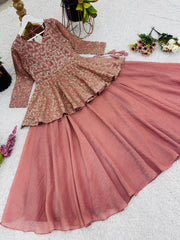 Exclusive Pink Crunchy Silk Embroidery Top With Lehenga