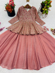 Exclusive Pink Crunchy Silk Embroidery Top With Lehenga