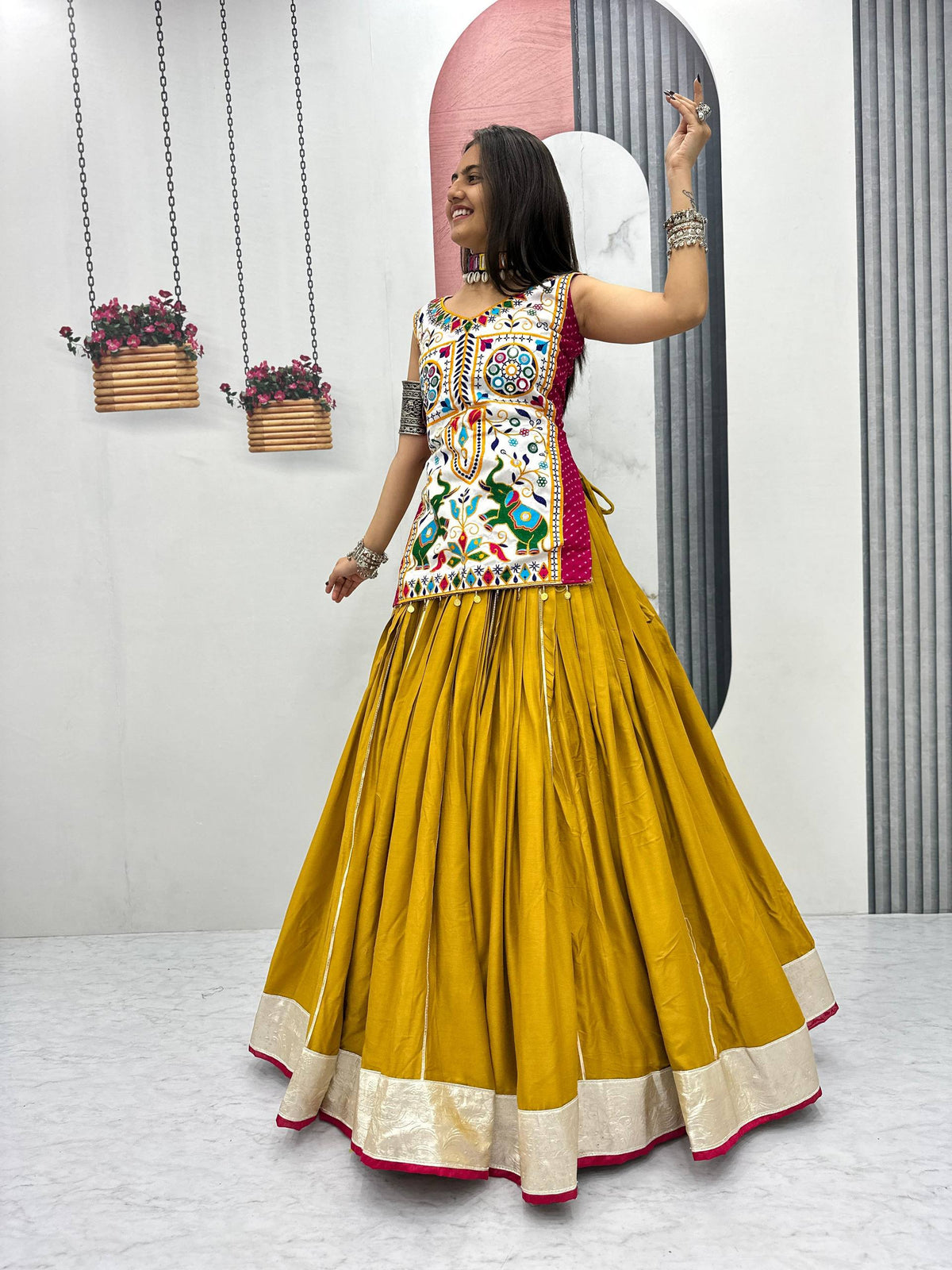Innovative Mustard Cotton Mirror Work Lehenga Choli