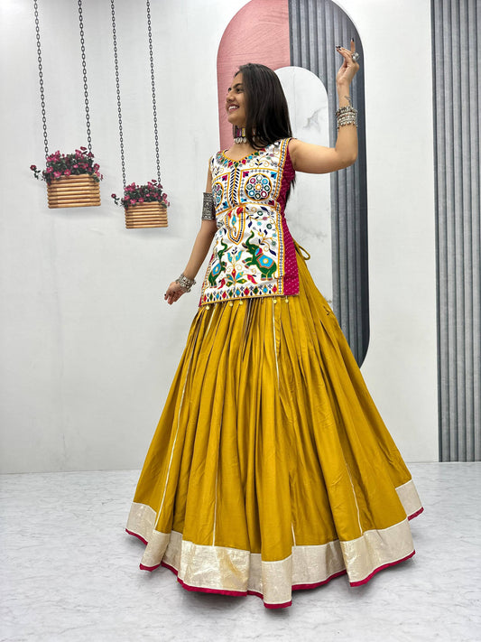 Innovative Mustard Cotton Mirror Work Lehenga Choli