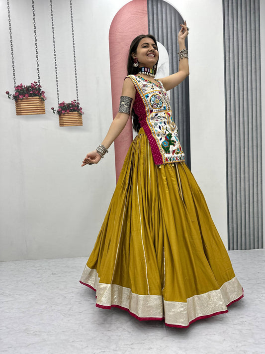 Innovative Mustard Cotton Mirror Work Lehenga Choli