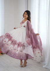 Admiring Onion Pink Organza Print Anarkali Suit