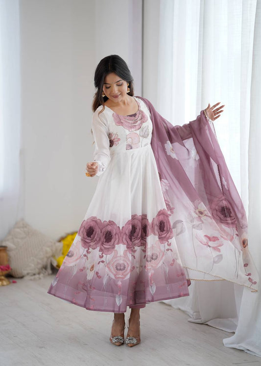 Admiring Onion Pink Organza Print Anarkali Suit