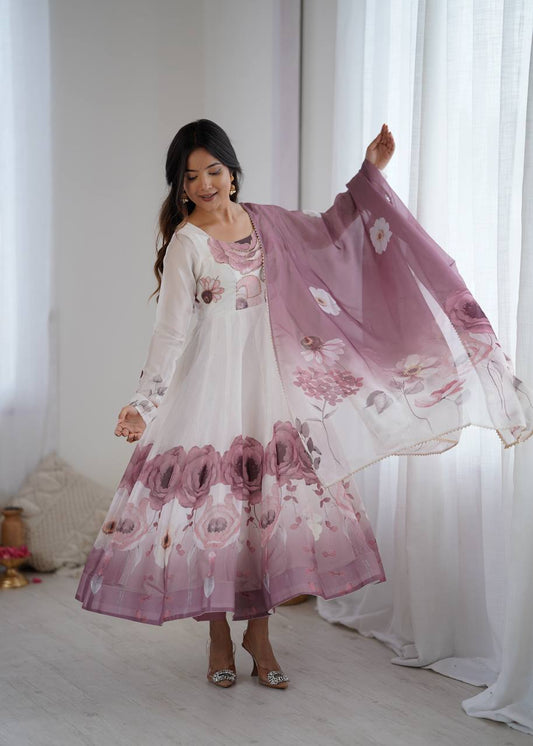 Admiring Onion Pink Organza Print Anarkali Suit