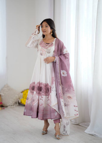 Admiring Onion Pink Organza Print Anarkali Suit