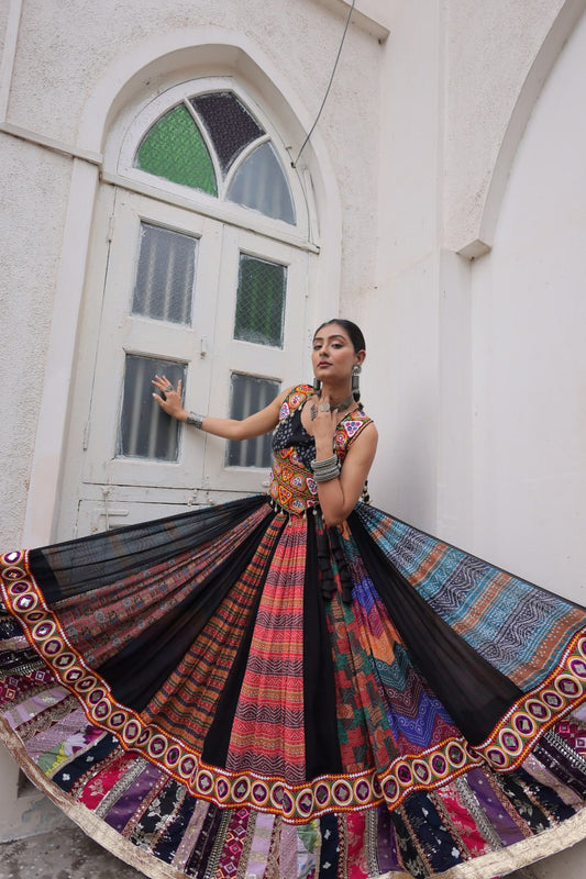 Designer Black Georgette Gamthi Work Lehenga Choli
