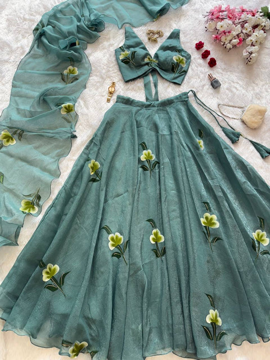 Gorgeous Green Handpaint Work Lehenga Choli