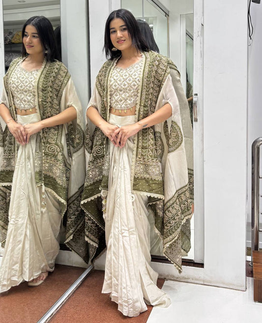 Innovative White Silk with Mirror Work Dhoti Suit
