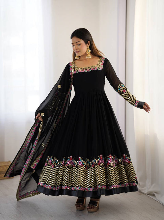 Glorious Black Georgette Embroidery Gown