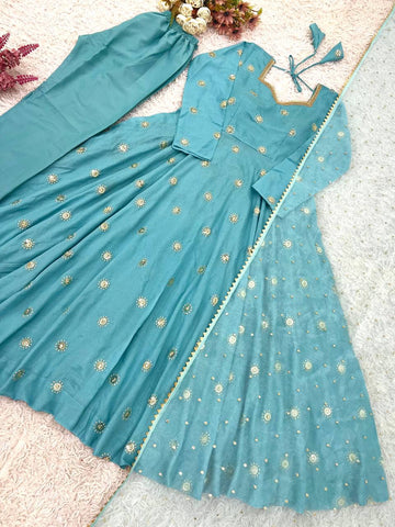Gorgeous Blue Vichitra Silk Sequence Work Gown