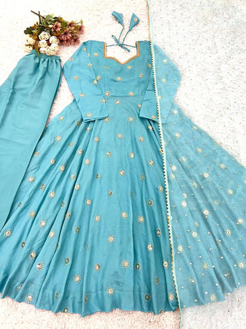 Gorgeous Blue Vichitra Silk Sequence Work Gown