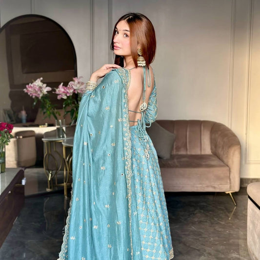 Stylish Blue Georgette Embroidery Work Gown