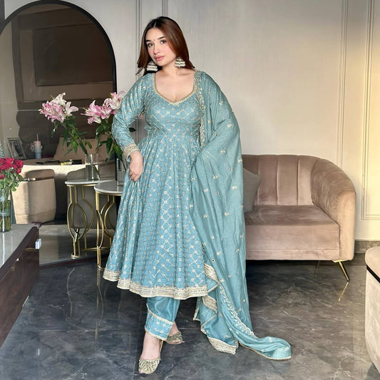 Stylish Blue Georgette Embroidery Work Gown