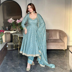 Stylish Blue Georgette Embroidery Work Gown