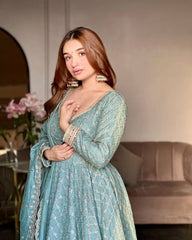 Stylish Blue Georgette Embroidery Work Gown