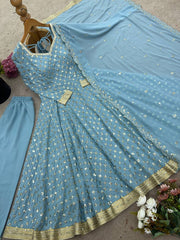 Stylish Blue Georgette Embroidery Work Gown