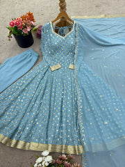 Stylish Blue Georgette Embroidery Work Gown