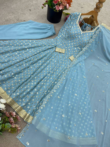 Stylish Blue Georgette Embroidery Work Gown