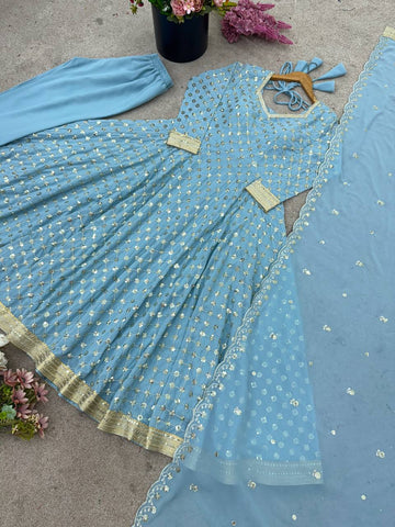 Stylish Blue Georgette Embroidery Work Gown