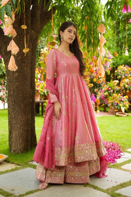 Glorious Pink Silk Sequence Work Sharara Suit