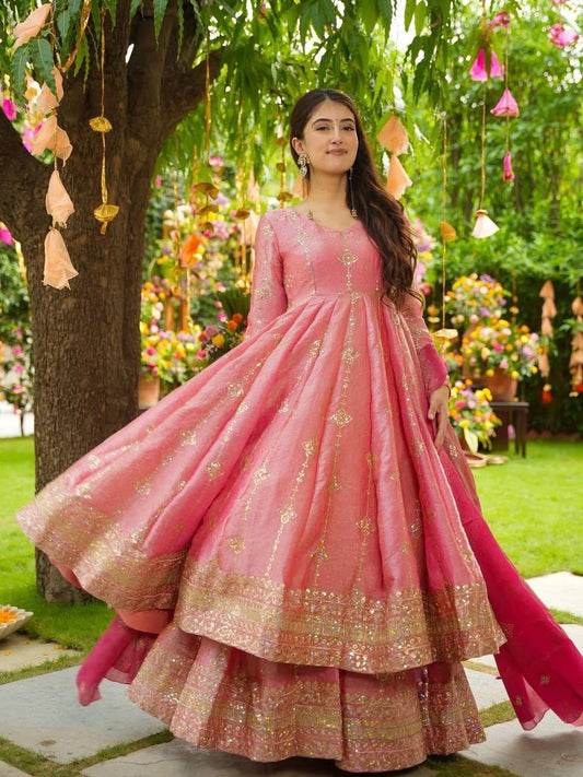 Glorious Pink Silk Sequence Work Sharara Suit