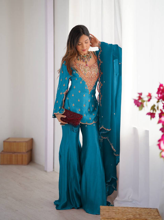 Gorgeous Blue Silk Embroidery Work Sharara Suit