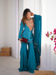 Gorgeous Blue Silk Embroidery Work Sharara Suit