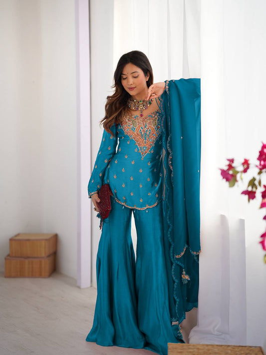 Gorgeous Blue Silk Embroidery Work Sharara Suit