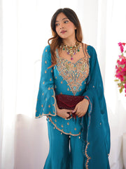 Gorgeous Blue Silk Embroidery Work Sharara Suit