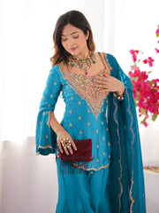Gorgeous Blue Silk Embroidery Work Sharara Suit