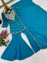 Gorgeous Blue Silk Embroidery Work Sharara Suit