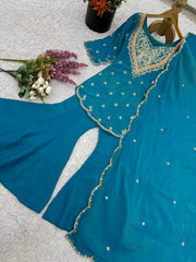 Gorgeous Blue Silk Embroidery Work Sharara Suit