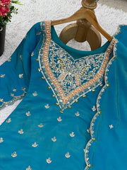 Gorgeous Blue Silk Embroidery Work Sharara Suit
