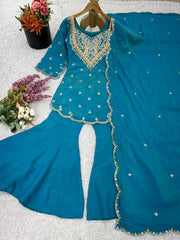 Gorgeous Blue Silk Embroidery Work Sharara Suit