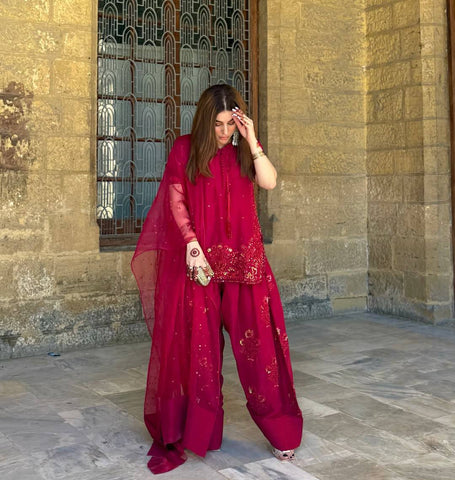 Ravishing Red French Crepe Sequence Work Palazzo Suit