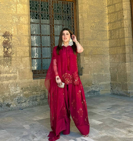 Ravishing Red French Crepe Sequence Work Palazzo Suit